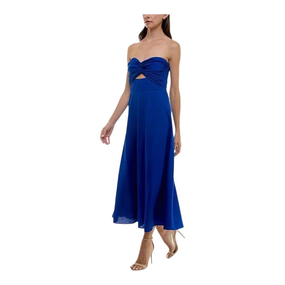 Trixxi Juniors Dress Strapless Keyhole Smocked Back Midi Fit Flare Blue Small